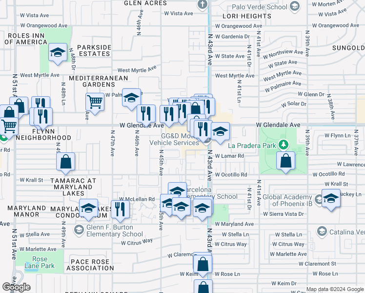 map of restaurants, bars, coffee shops, grocery stores, and more near 6814 North 44th Avenue in Glendale