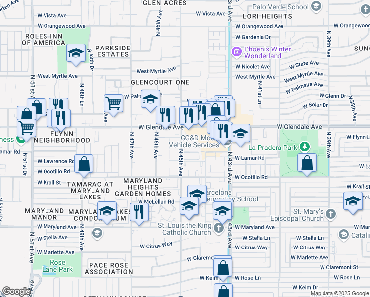 map of restaurants, bars, coffee shops, grocery stores, and more near 4220 North 45th Avenue in Glendale