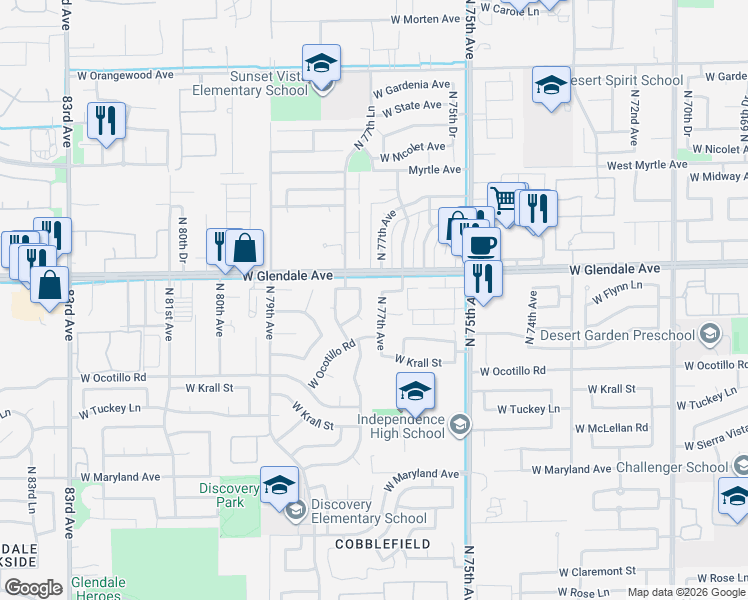 map of restaurants, bars, coffee shops, grocery stores, and more near 7663 West Flynn Lane in Glendale