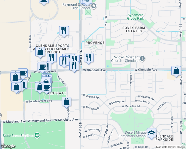 map of restaurants, bars, coffee shops, grocery stores, and more near 8917-9001 West Glendale Avenue in Glendale