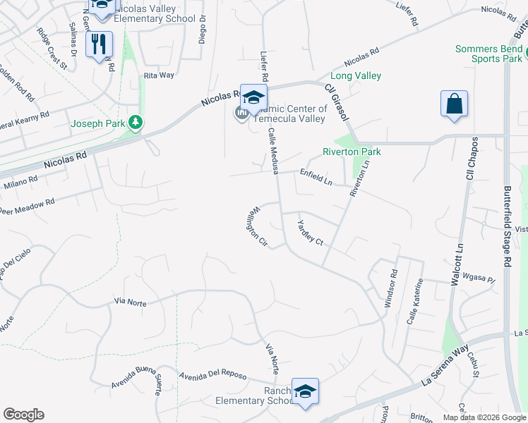 map of restaurants, bars, coffee shops, grocery stores, and more near 30869 Wellington Circle in Temecula
