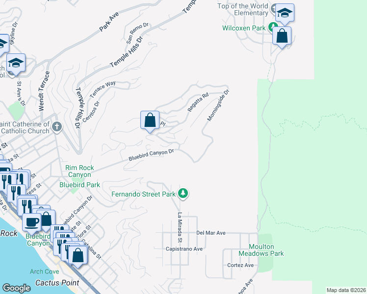 map of restaurants, bars, coffee shops, grocery stores, and more near 1120 Saling Way in Laguna Beach