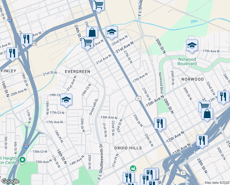 map of restaurants, bars, coffee shops, grocery stores, and more near 2425 17th Avenue North in Birmingham