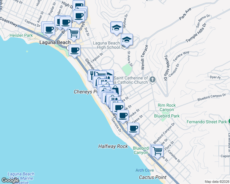 map of restaurants, bars, coffee shops, grocery stores, and more near 352 Thalia Street in Laguna Beach