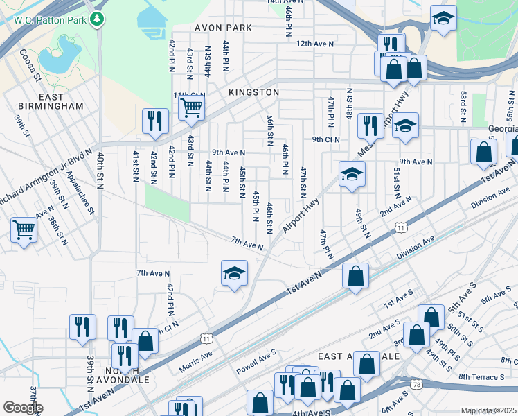 map of restaurants, bars, coffee shops, grocery stores, and more near 751 45th Place North in Birmingham