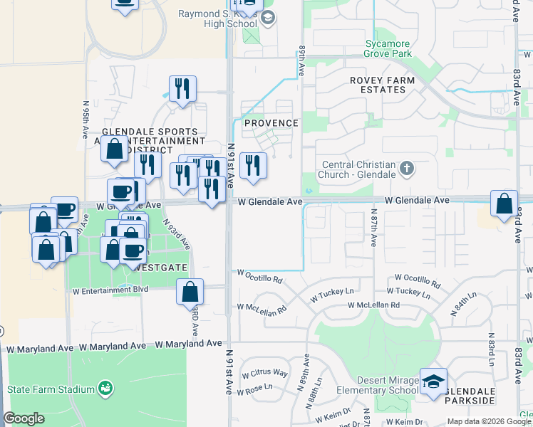 map of restaurants, bars, coffee shops, grocery stores, and more near 8917-9001 West Glendale Avenue in Glendale