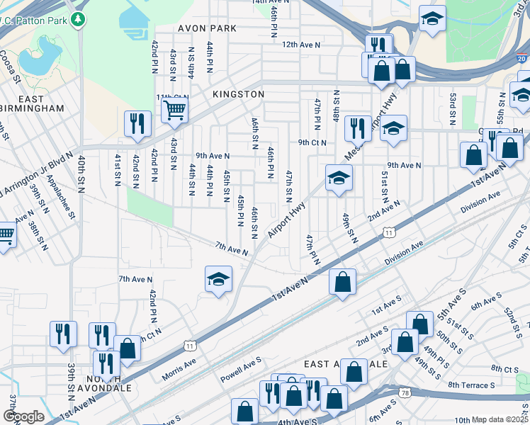 map of restaurants, bars, coffee shops, grocery stores, and more near 801 46th Street North in Birmingham