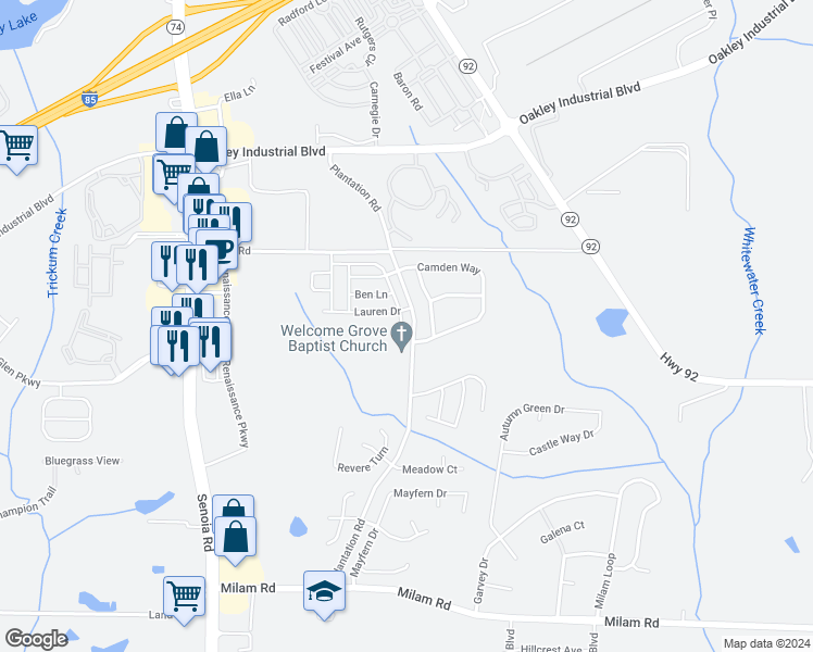 map of restaurants, bars, coffee shops, grocery stores, and more near 3046 Broadleaf Trail Road in Fairburn
