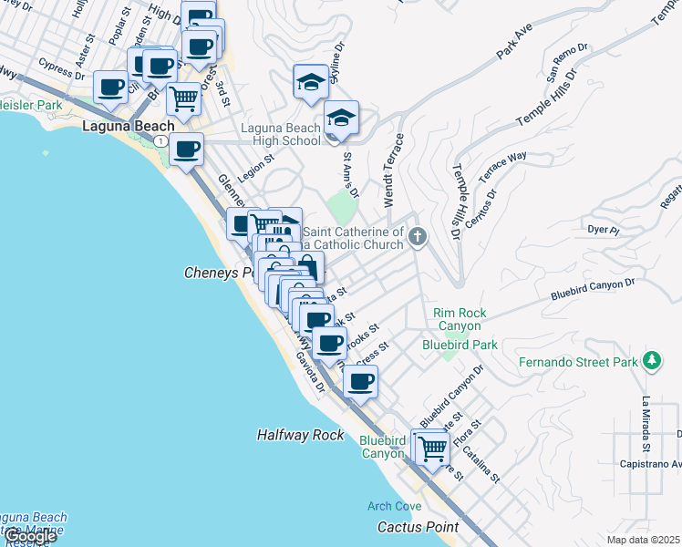 map of restaurants, bars, coffee shops, grocery stores, and more near 520 Seaview Street in Laguna Beach