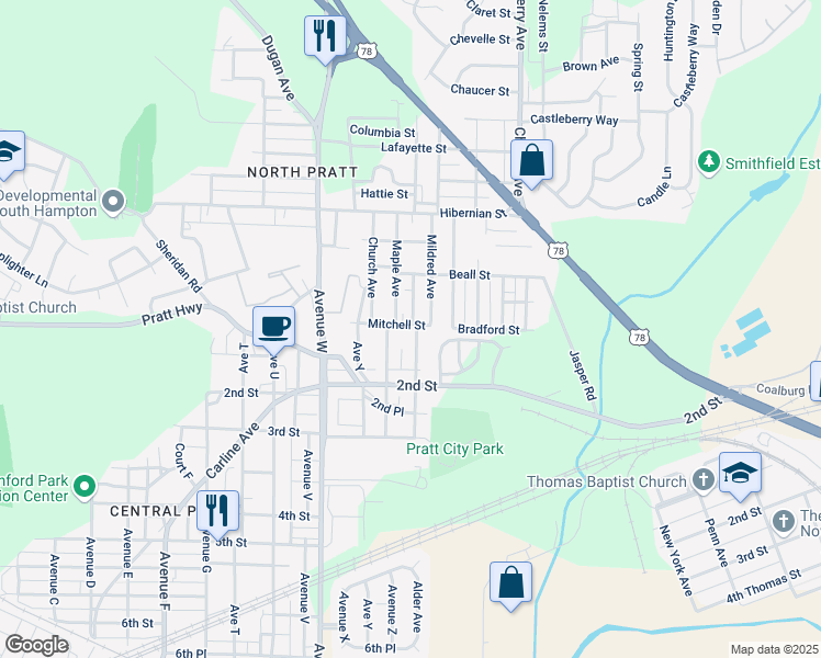 map of restaurants, bars, coffee shops, grocery stores, and more near 100 Alder Avenue in Birmingham
