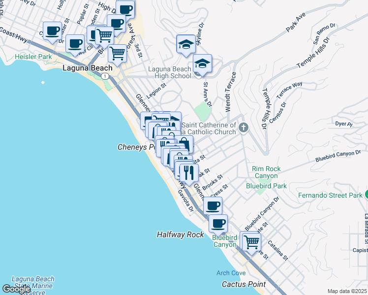 map of restaurants, bars, coffee shops, grocery stores, and more near 352 Thalia Street in Laguna Beach