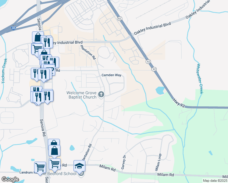 map of restaurants, bars, coffee shops, grocery stores, and more near 65 Camden Way in Fairburn