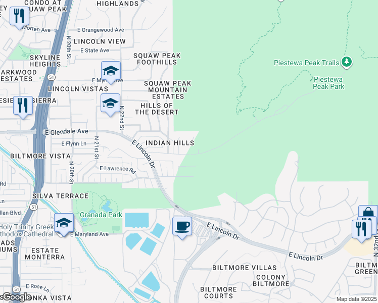 map of restaurants, bars, coffee shops, grocery stores, and more near 2432 Piestewa Peak Drive in Phoenix