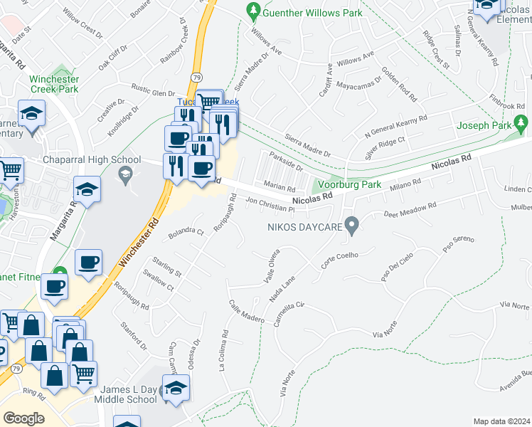 map of restaurants, bars, coffee shops, grocery stores, and more near 39564 Canary Circle in Temecula