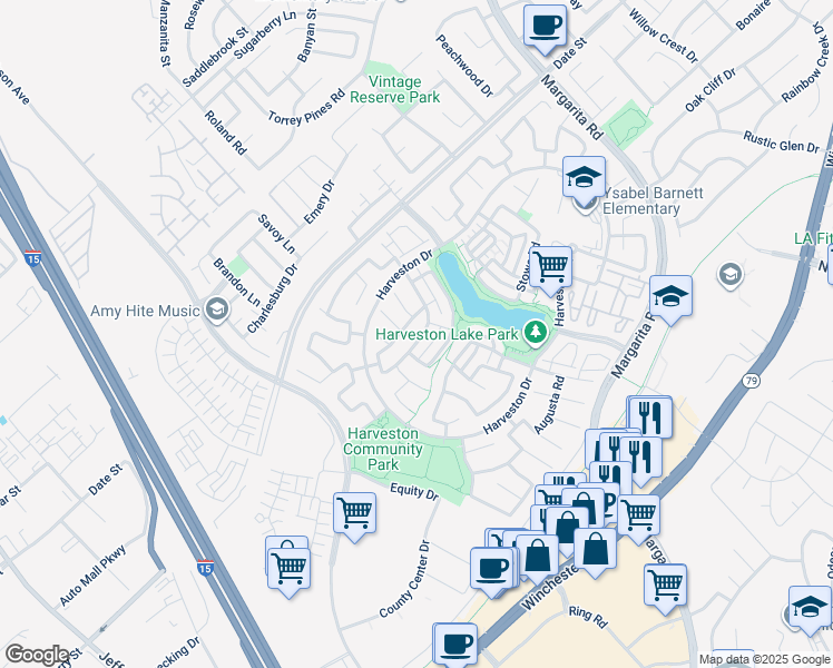 map of restaurants, bars, coffee shops, grocery stores, and more near 40211 Pasadena Drive in Temecula