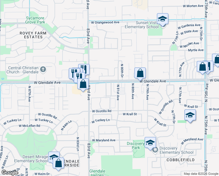 map of restaurants, bars, coffee shops, grocery stores, and more near 6836 North 81st Drive in Glendale