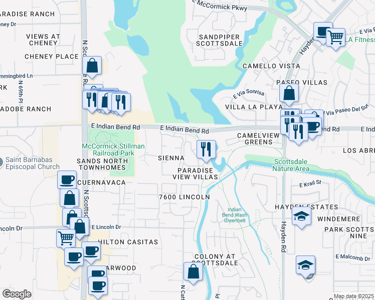map of restaurants, bars, coffee shops, grocery stores, and more near 7601 East Indian Bend Road in Scottsdale