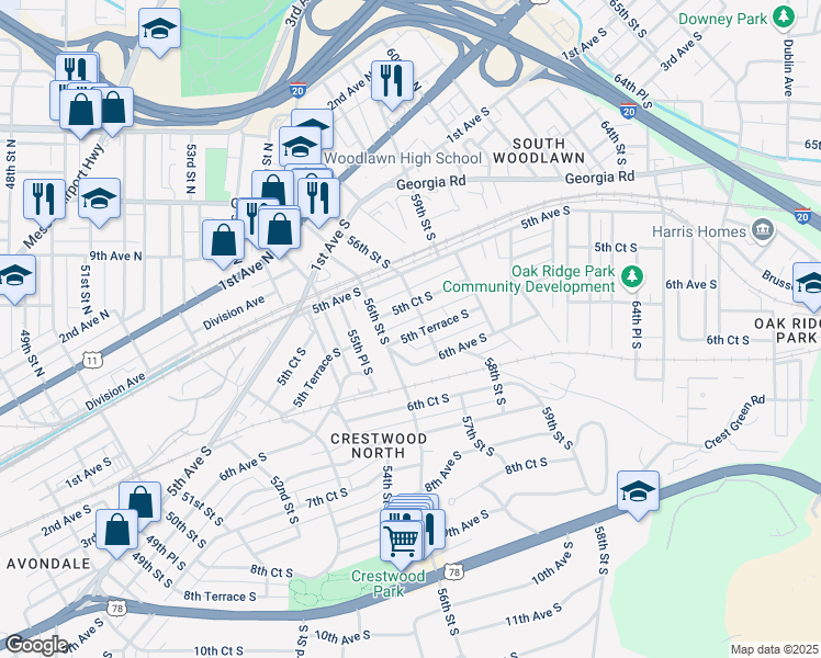 map of restaurants, bars, coffee shops, grocery stores, and more near 5624 5th Terrace South in Birmingham