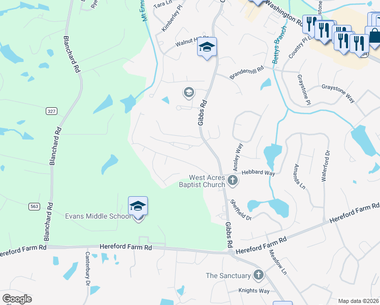 map of restaurants, bars, coffee shops, grocery stores, and more near 4705 Park Ridge Court in Evans