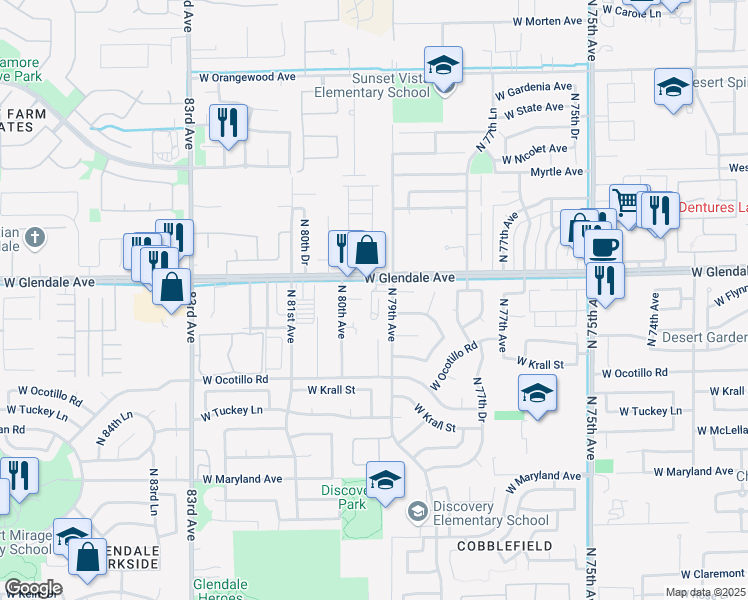 map of restaurants, bars, coffee shops, grocery stores, and more near 6900 North 79th Avenue in Glendale