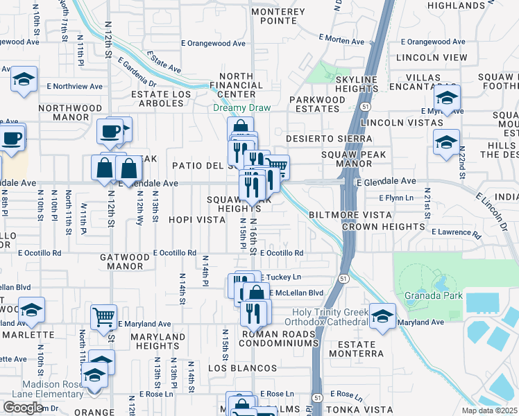 map of restaurants, bars, coffee shops, grocery stores, and more near 6819 North 16th Street in Phoenix