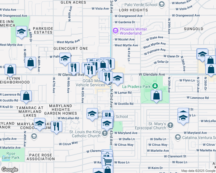 map of restaurants, bars, coffee shops, grocery stores, and more near 4315 West Glendale Avenue in Glendale