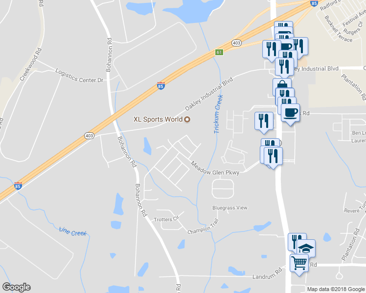 map of restaurants, bars, coffee shops, grocery stores, and more near 9010 Highland Pass in Fairburn