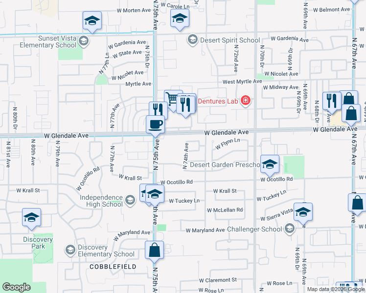 map of restaurants, bars, coffee shops, grocery stores, and more near 6934 North 74th Avenue in Glendale