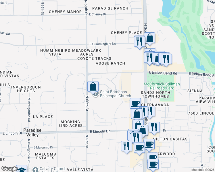 map of restaurants, bars, coffee shops, grocery stores, and more near 6865 North 69th Street in Paradise Valley