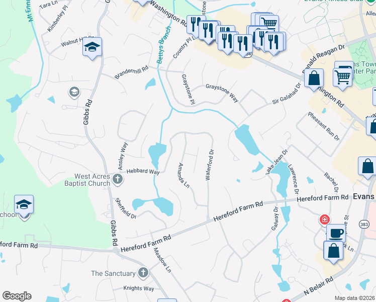 map of restaurants, bars, coffee shops, grocery stores, and more near 4518 Amanda Ln in Evans