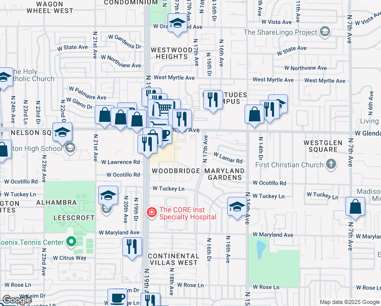 map of restaurants, bars, coffee shops, grocery stores, and more near 1717 West Glendale Avenue in Phoenix