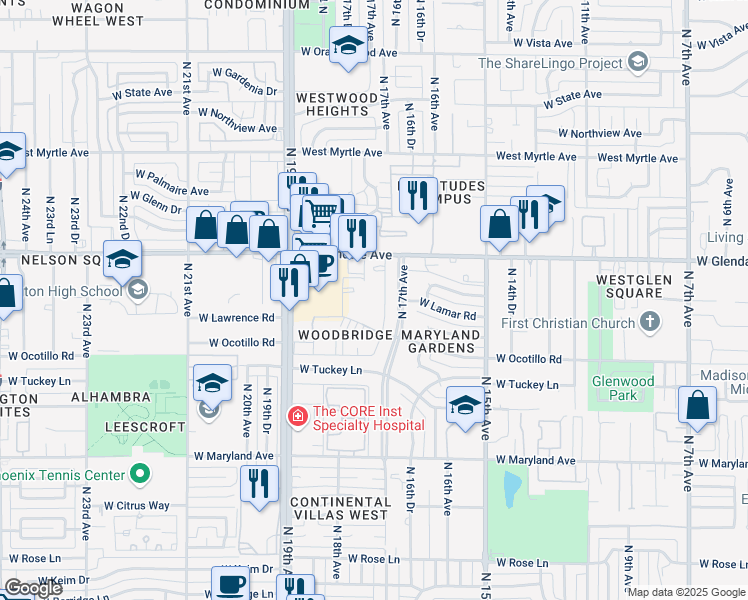 map of restaurants, bars, coffee shops, grocery stores, and more near 1717 West Glendale Avenue in Phoenix