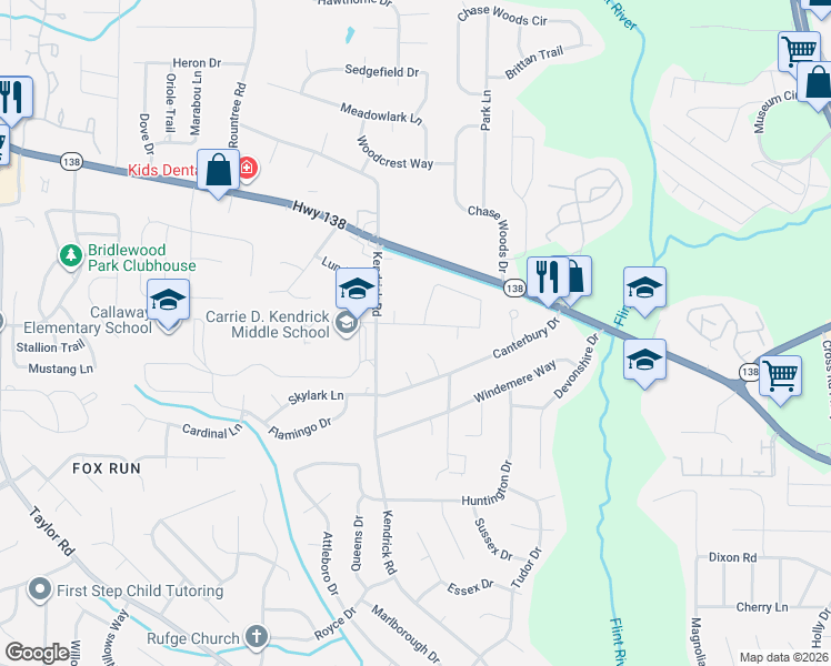 map of restaurants, bars, coffee shops, grocery stores, and more near 215 Kendrick Estates Drive in Jonesboro