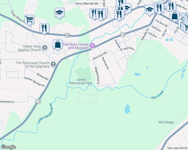 map of restaurants, bars, coffee shops, grocery stores, and more near 1129 Maplewood Dr in Leeds