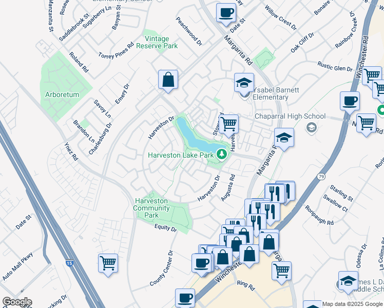 map of restaurants, bars, coffee shops, grocery stores, and more near 28766 South Lake Drive in Temecula