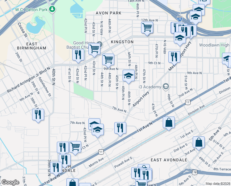 map of restaurants, bars, coffee shops, grocery stores, and more near 756 45th Street North in Birmingham