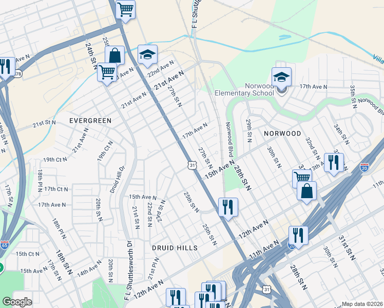 map of restaurants, bars, coffee shops, grocery stores, and more near 1609 Carraway Boulevard in Birmingham
