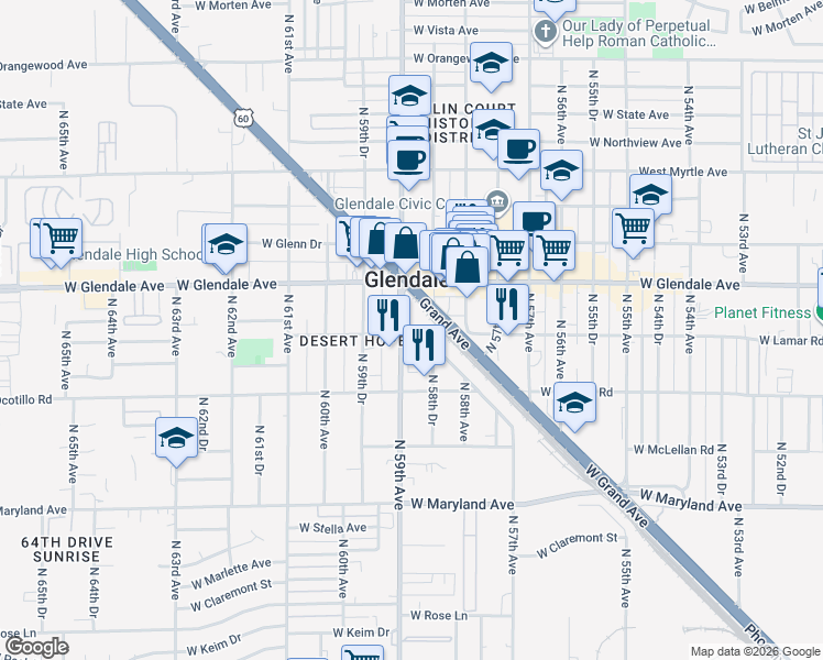 map of restaurants, bars, coffee shops, grocery stores, and more near 6802 North 59th Avenue in Glendale