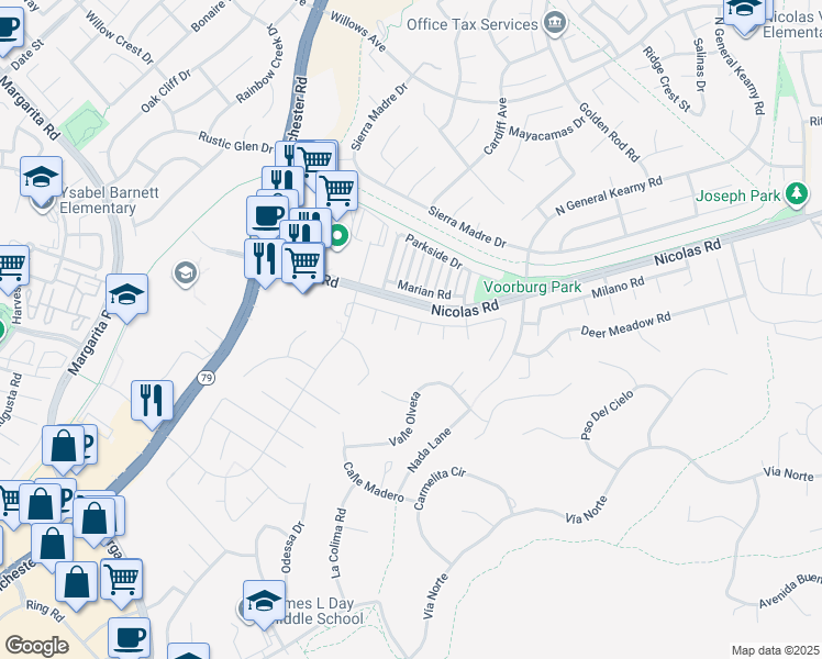 map of restaurants, bars, coffee shops, grocery stores, and more near 39555 Linnit Circle in Temecula