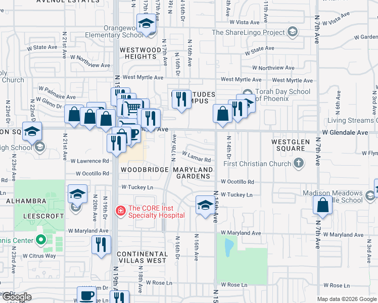 map of restaurants, bars, coffee shops, grocery stores, and more near 1618 West Lamar Road in Phoenix
