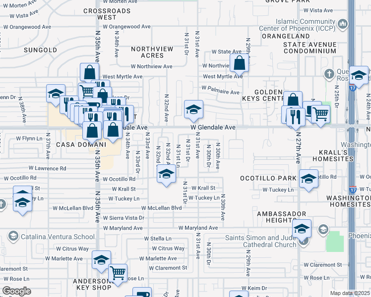 map of restaurants, bars, coffee shops, grocery stores, and more near 6808 N 31st Dr in Phoenix