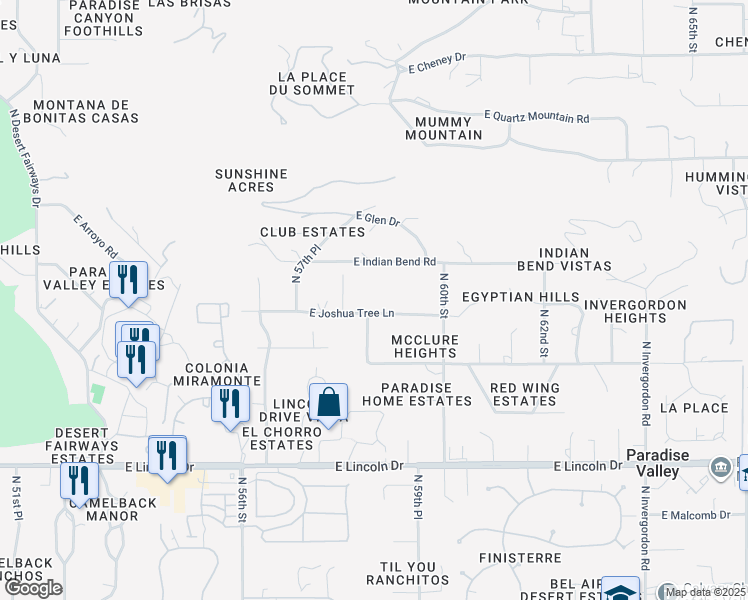 map of restaurants, bars, coffee shops, grocery stores, and more near 5816 East Joshua Tree Lane in Paradise Valley