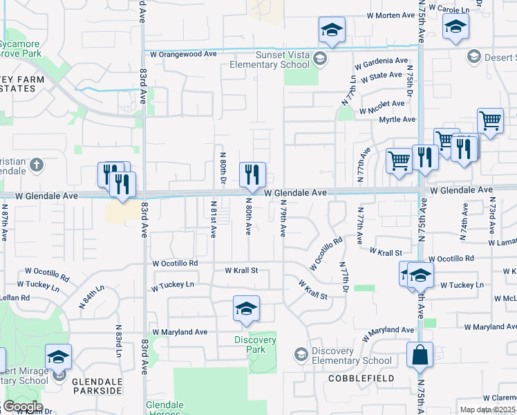 map of restaurants, bars, coffee shops, grocery stores, and more near 6900 North 79th Avenue in Glendale