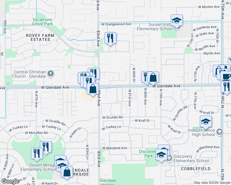 map of restaurants, bars, coffee shops, grocery stores, and more near 6834 North 81st Lane in Glendale