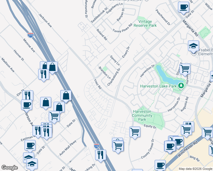 map of restaurants, bars, coffee shops, grocery stores, and more near 40463 Charlesburg Drive in Temecula