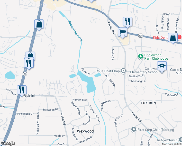 map of restaurants, bars, coffee shops, grocery stores, and more near 479 East Lake Drive in Riverdale