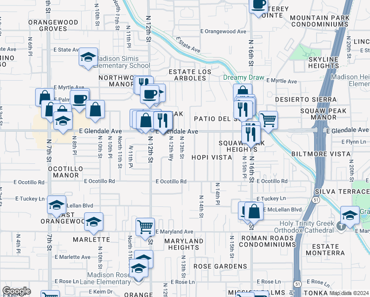 map of restaurants, bars, coffee shops, grocery stores, and more near 6813 North 13th Street in Phoenix