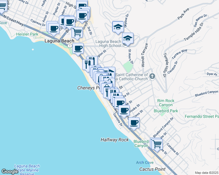 map of restaurants, bars, coffee shops, grocery stores, and more near 340 Saint Ann's Drive in Laguna Beach