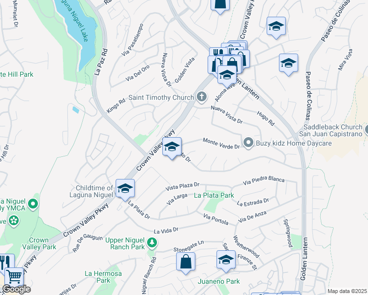 map of restaurants, bars, coffee shops, grocery stores, and more near 24872 Monte Verde Drive in Laguna Niguel