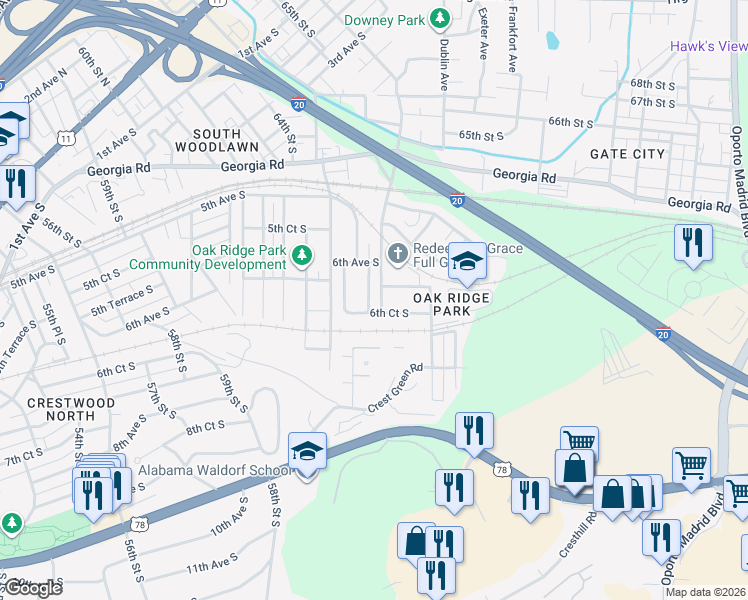 map of restaurants, bars, coffee shops, grocery stores, and more near 545 Athens Court in Birmingham